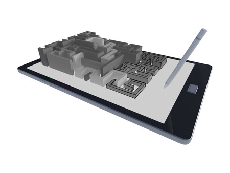 3d rendering image of maze game on tablet. Isolated on white background
