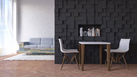 3d rendering image of table and chair infront of the dark color wall decorted by cubic pattern, have old wooden sofa in living space as backgroundの写真素材