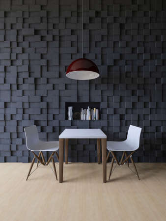 3d rendering image of table and chair infront of the dark color wall decorted by cubic...
