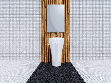 3d rendering image of toilet interior design. minimal concept, day time perspective, Bamboo wall and floor.  の写真素材