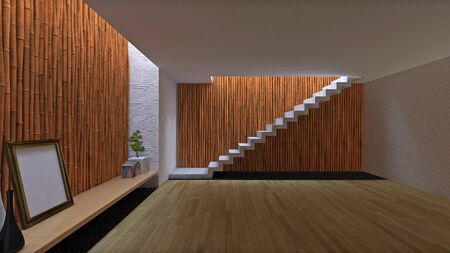 3d interior design of room with bamboo wall