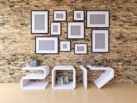 3d rendering image of 2017 shelf on wooden floor. A lot of photo frame hang on the brick wall....