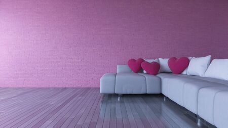 3d rendering image of interior design living room.pink heart pillow on sofa set and place on the wooden floor which have  brick wall as background. Valentine day conceptの写真素材