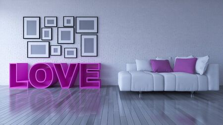 3d rendering image of interior design living room. the pink color sofa set and word " LOVE " on the wooden floor which have many photo frames on the brick wall as background. Valentine day conceptの写真素材