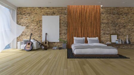 3d rendering image of bedroom, White bed on leather base in the hole of the floor filled with black...