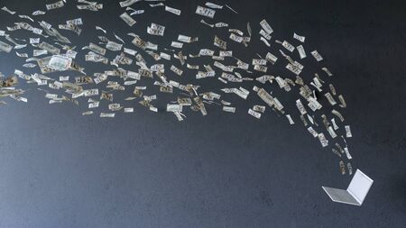 business on a go. 3D rendering image of working online on laptop computer making earning money, hand with 100 dollar bills banknotes coming out and in of laptop screen, Business concept の写真素材