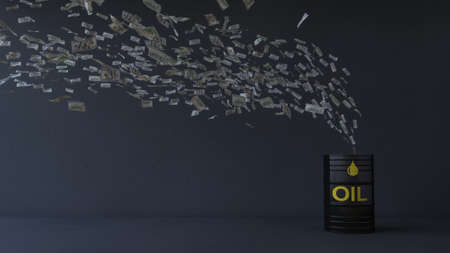 3d rendering image of 100 dollar bank note flying to oil tank placed in the room which have dark cracked concrete wall and floor.  の写真素材