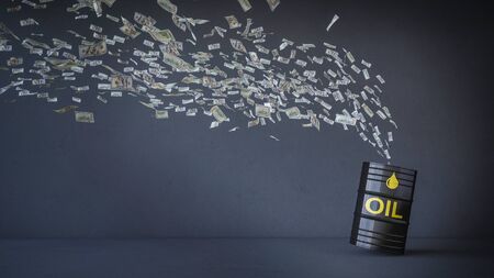 3d rendering image of 100 dollar bank note flying to oil tank placed in the room which have dark cracked concrete wall and floor.  の写真素材