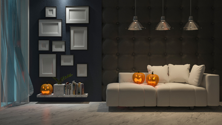 3d rendering image of interior design in halloween festival. Pumpkin head on sofa, Trick or thread.の写真素材