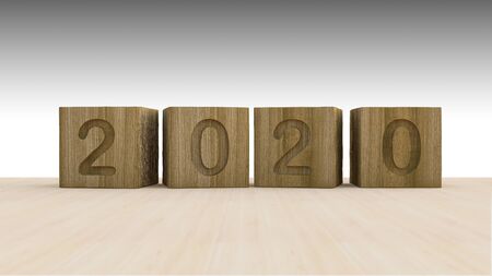 3d rendering image of 2020 wooden cubes placed on the wooden floor.の写真素材