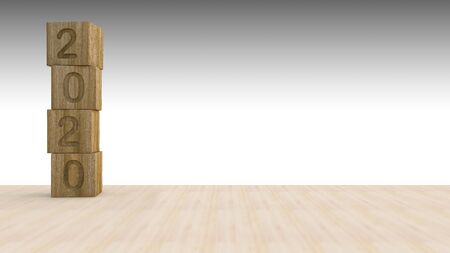 3d rendering image of 2020 wooden cubes placed on the wooden floor.