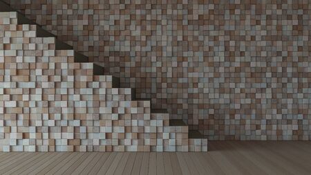 3d rendering image of bwooden stair and cable shelf which have photo frame on it. Photo frame...
