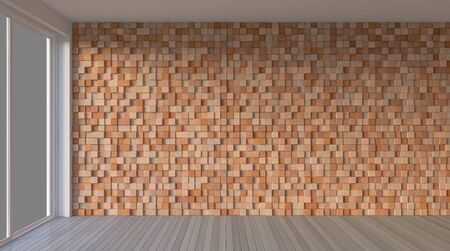 3d rendering image of interior-Living room with cubic wooden wall. Window view mockup
