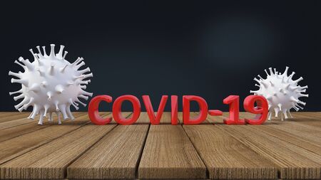 3d rendering of simple covid-19 virus model red text place on wooden panel. Background image mockupの写真素材