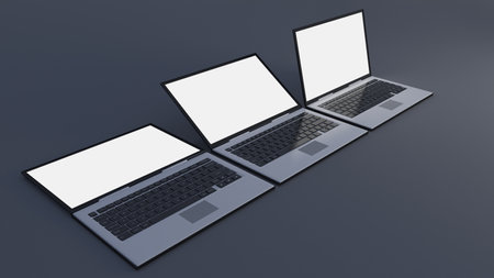 3d rendering image of laptop on dark gray background. Laptop screen mockup for you customizeの写真素材