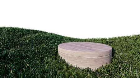 A 3d rendering image of wooden product display place on green grasses filedの写真素材