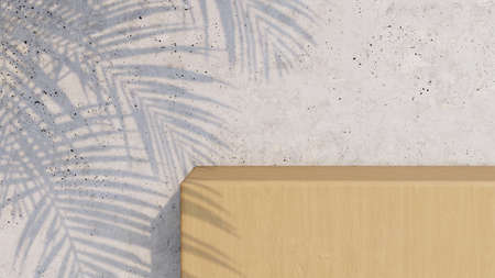 A 3d rendering image of wooden product stand on the concrete wall.  Palm leave shadow on the wall.