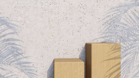 A 3d rendering image of wooden product stand on the concrete wall.  Palm leave shadow on the wall.の写真素材