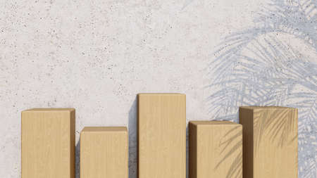 A 3d rendering image of wooden product stand on the concrete wall.  Palm leave shadow on the wall.