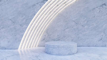 A 3d rendering image of black marble product display on white fur floor and wallの写真素材