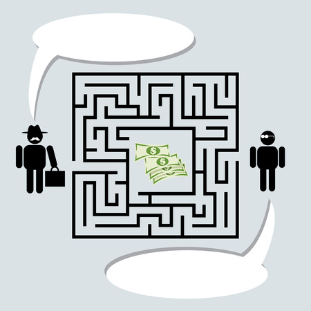 Money in maze with two men in white backgroundのイラスト素材