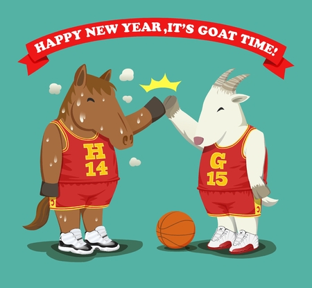 Basketball style sweaty fat horse give high five with fat goat as a year\\のイラスト素材