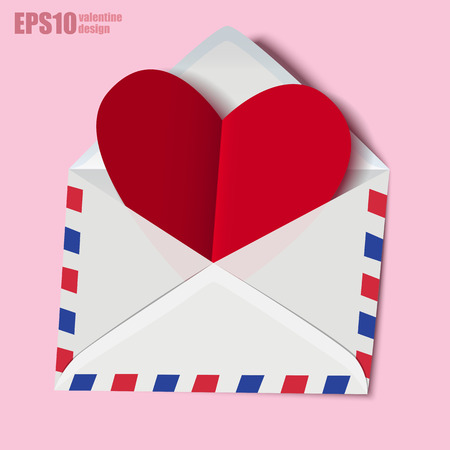 Classic envelope with red heart paper valentine card inside in pink backgroundのイラスト素材