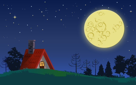 Country cottage in full moon starry night landscapeのイラスト素材