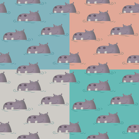 Hippopotamus smiling in the water four tone seamless pattern cartoon kid designのイラスト素材