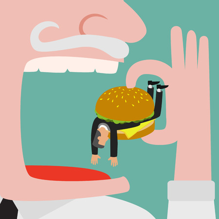 Bigger businessman eating businessman who get trapped by burger. vector illustrationのイラスト素材