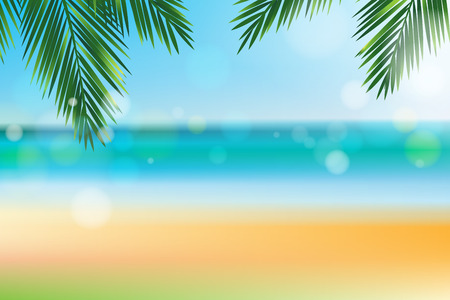Summer time at the beach with coconut leaf on top and bokeh effectのイラスト素材