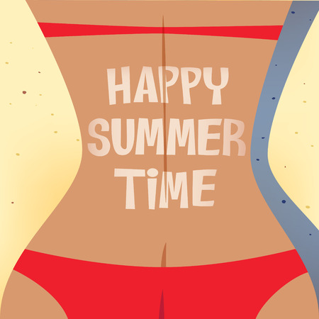Sexy girl with red bikini sunbathing on the beach with sunburned word happy summer time on her backのイラスト素材
