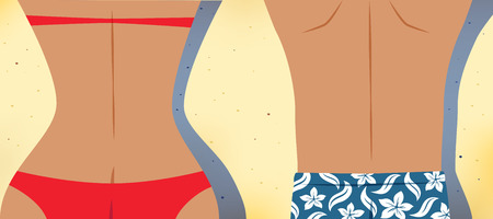 Lovely Happy Couple lying on the beach sunbathing with red bikini and blue flower pattern shortpantsのイラスト素材