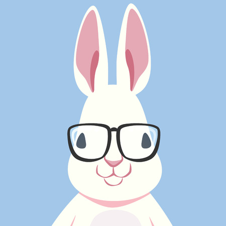 White Happy Nerd rabbit with big eye glasses on pastel blue backgroundのイラスト素材