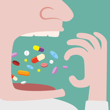 Close up of Man Throw a lot of pills in to his mouthのイラスト素材