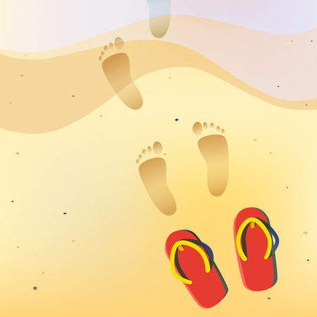 Human bare footprints on the summer sand beach direct to the sea with red pair of flip flopsのイラスト素材