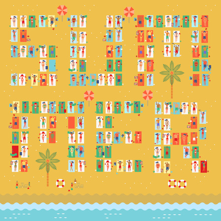 Crowded summer at the beach with people sunbathing,reading,sleeping,playing tablet,playing sand in retro vintage map styleのイラスト素材