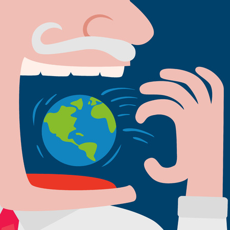 Close up of greedy businessman throwing the world planet  in to his mouthのイラスト素材