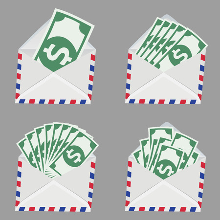 Set of white vintage Envelope with money bill inside isolated on grey backgroundのイラスト素材