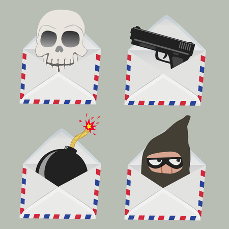 Set of white Envelope with Skull,gun,bomb and Thief inside isolated on grey backgroundのイラスト素材