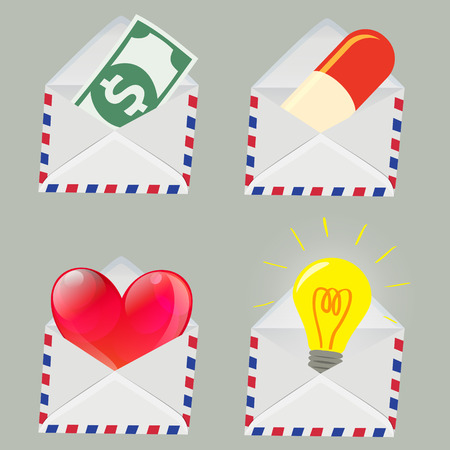 Set of white Envelope with Money,Pill,Red Heart and Light bulb inside isolated on grey backgroundのイラスト素材