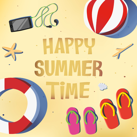 Summer beach with red and pink sandal with word Happy Summer Time on the sandのイラスト素材
