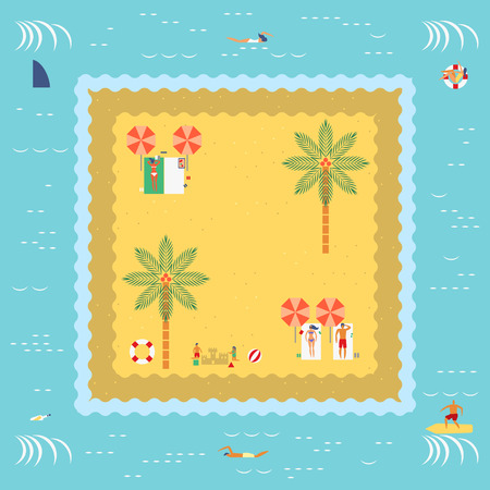 Summer Island with people swimming,surfing,sunbathing,playing sand and beach ball in retro vintage map styleのイラスト素材