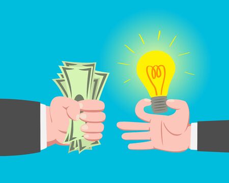 Hand of fat businessman with money buying Bright Light bulb from another businessman on blue background vectorのイラスト素材