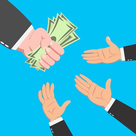 Hands of businessman reaching the money from a hand of bigger businessman isolated on blue backgroundのイラスト素材