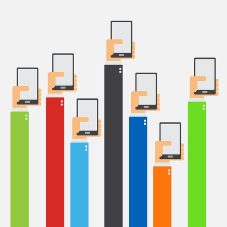Hands raised holding smartphone flat design on white backgroundのイラスト素材