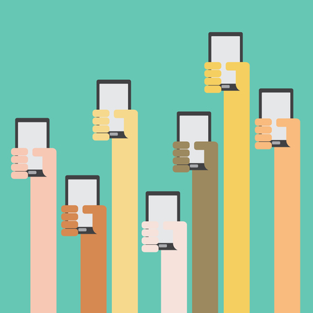 Multi skin color hands raising smartphone flat design on green backgroundのイラスト素材