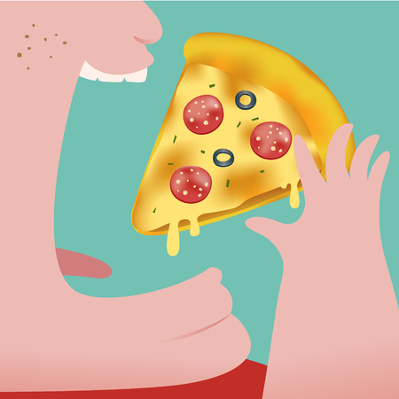 Close up of Fat Man eating pizza isolated on green backgroundのイラスト素材