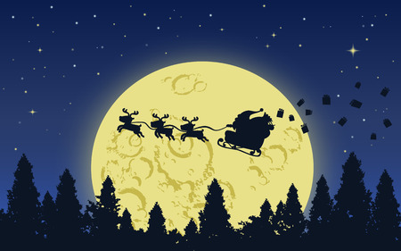 Santa claus and his reindeer flying above the dark forest in Big yellow moon starry night with giftboxes flew from his bagのイラスト素材