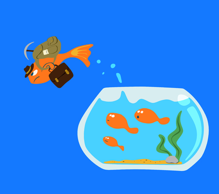 Goldfish Jump out of the fish bowl isolated on blue screenのイラスト素材